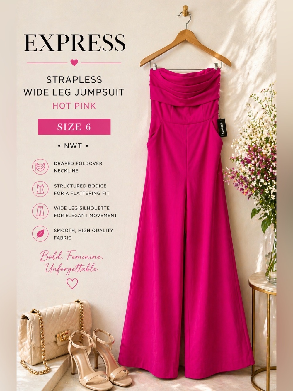 Express Strapless Wide Leg Jumpsuit Hot Pink Size 6 NWT